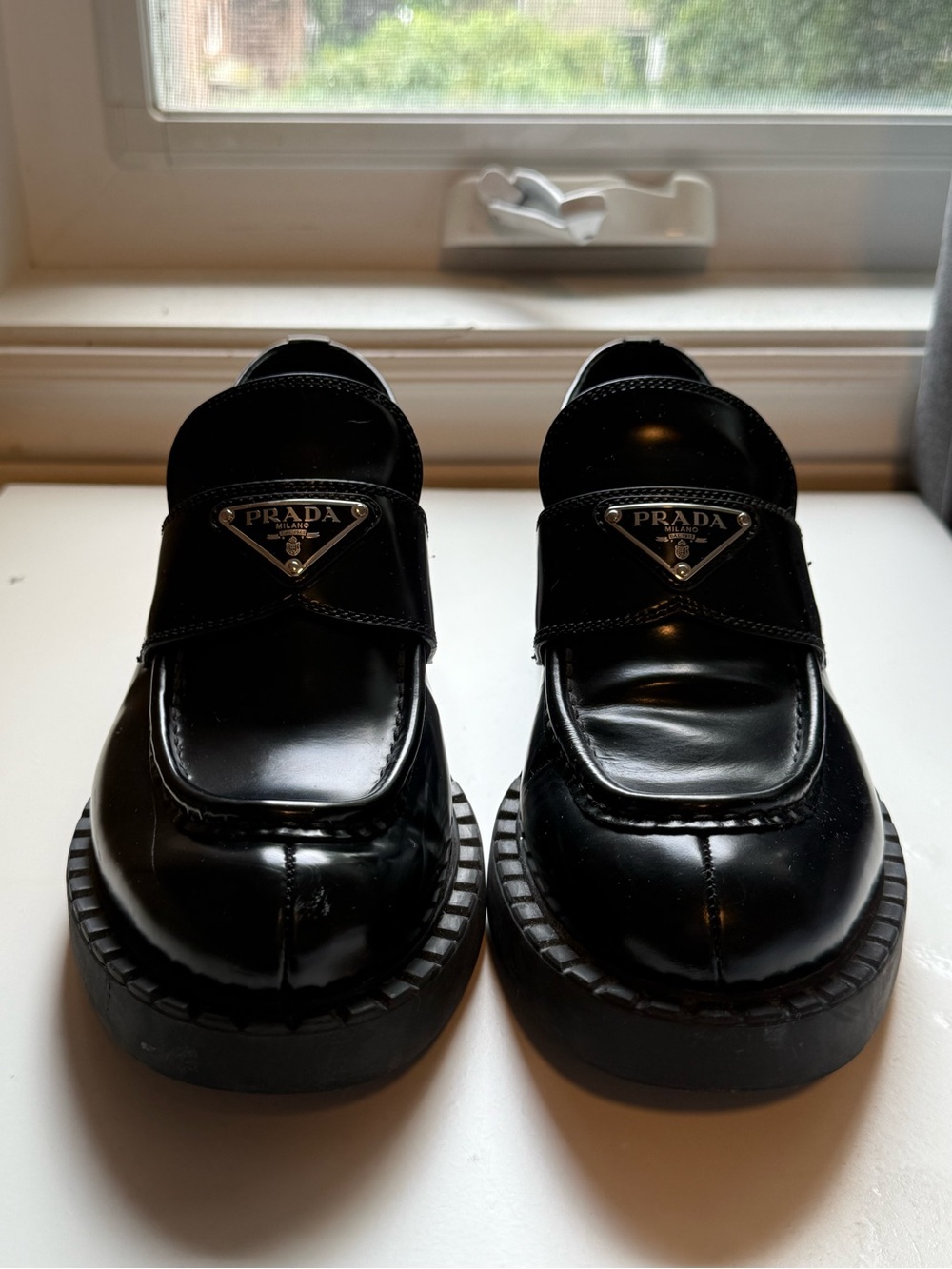 Prada Black Brushed Leather Triangle Logo Loafers EU 38